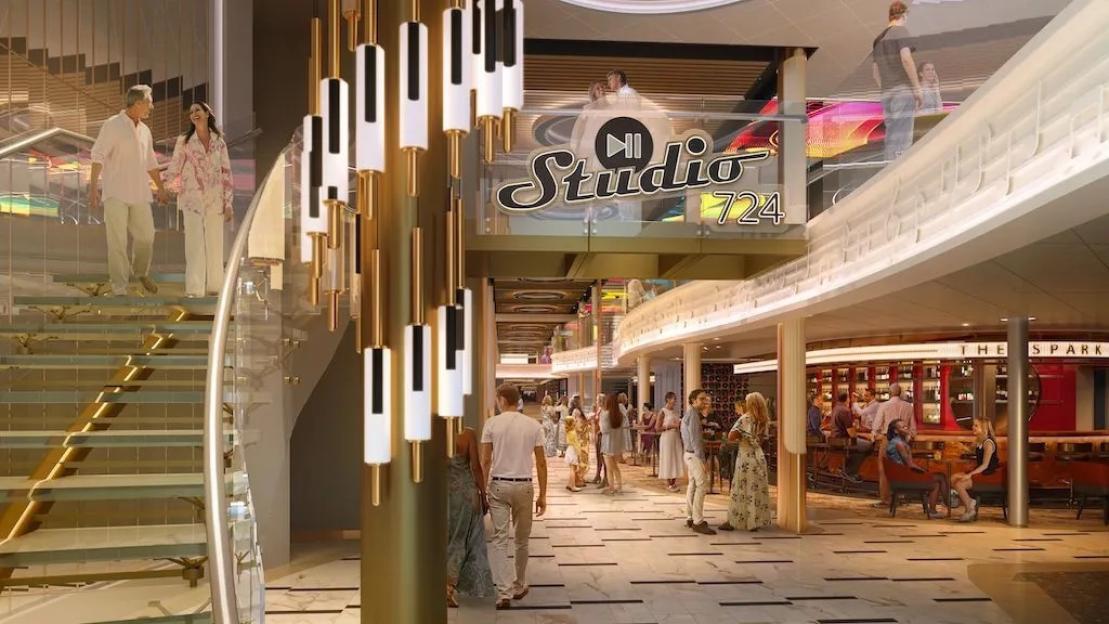 Illustration of the interior of the Carnival Festivale cruise ship, showing Studio 724 and other amenities.