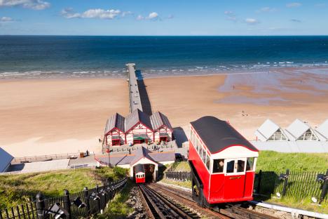 Aerial view of Saltburn Cliff Railway descending to the beach.