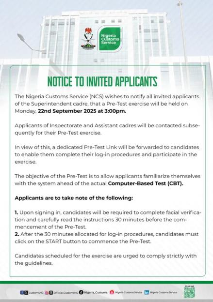 Recruitment: NCS announces Pre-Test exercise for Superintendent Cadre applicants
