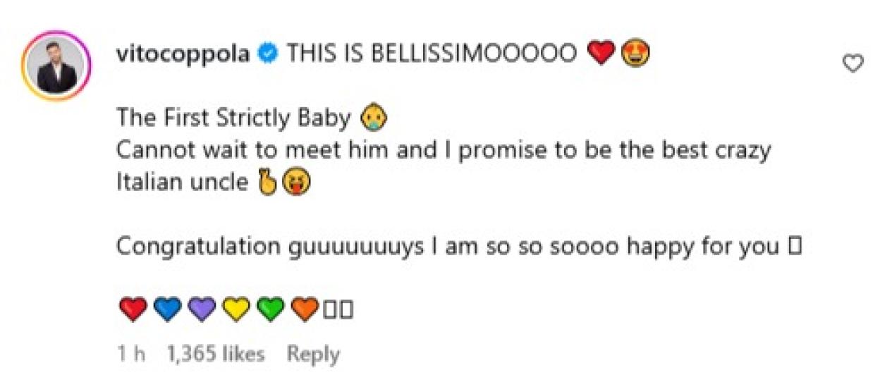Screenshot of Vito Coppola's Instagram post congratulating a pregnant co-star.