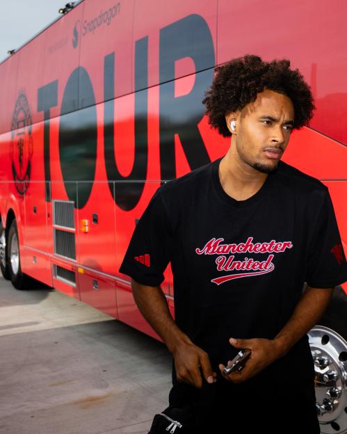 Joshua Zirkzee of Manchester United arriving at a training session.