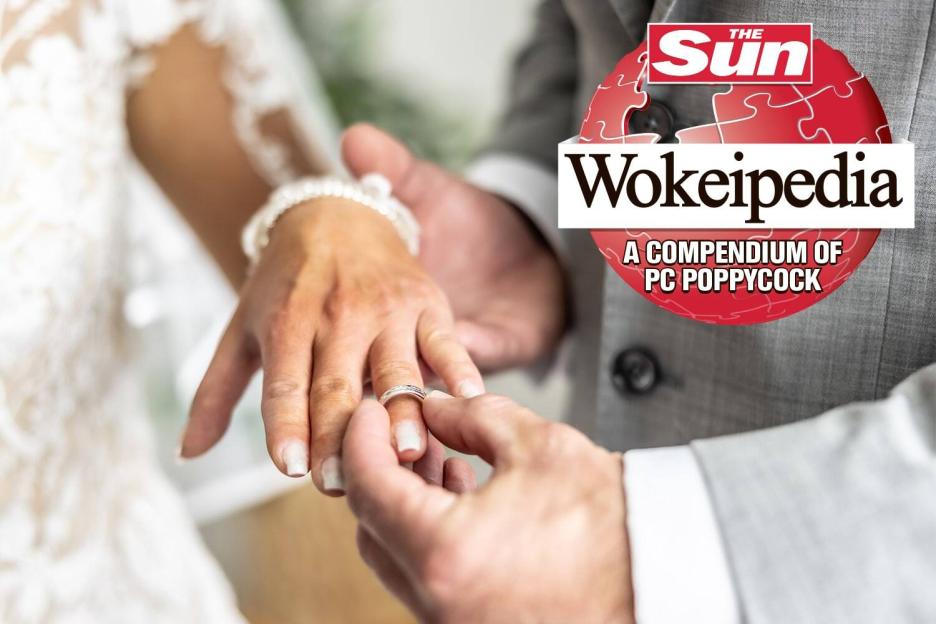 A wedding ring being placed on a finger, with a The Sun newspaper graphic overlay about Wokeipedia.