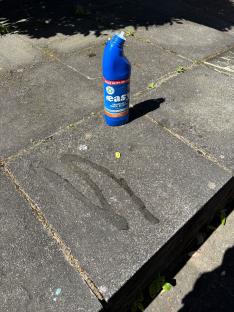 Bottle of bleach on stained paving stones.