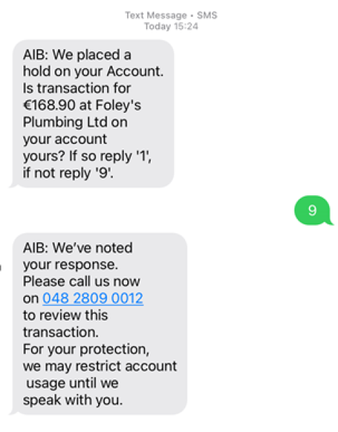 A phishing text message pretending to be from AIB, asking the recipient to call a provided number.