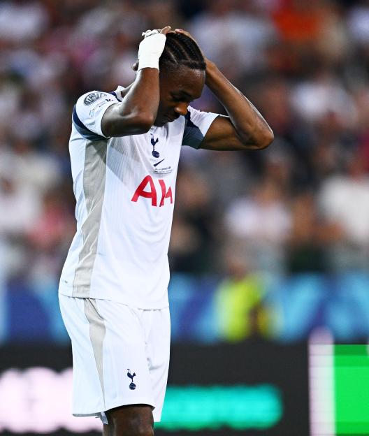 Mathys Tel of Tottenham reacting after missing a penalty kick.