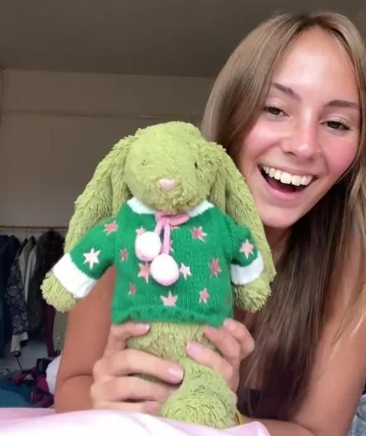 A person holding a green stuffed bunny wearing a green sweater with pink stars.