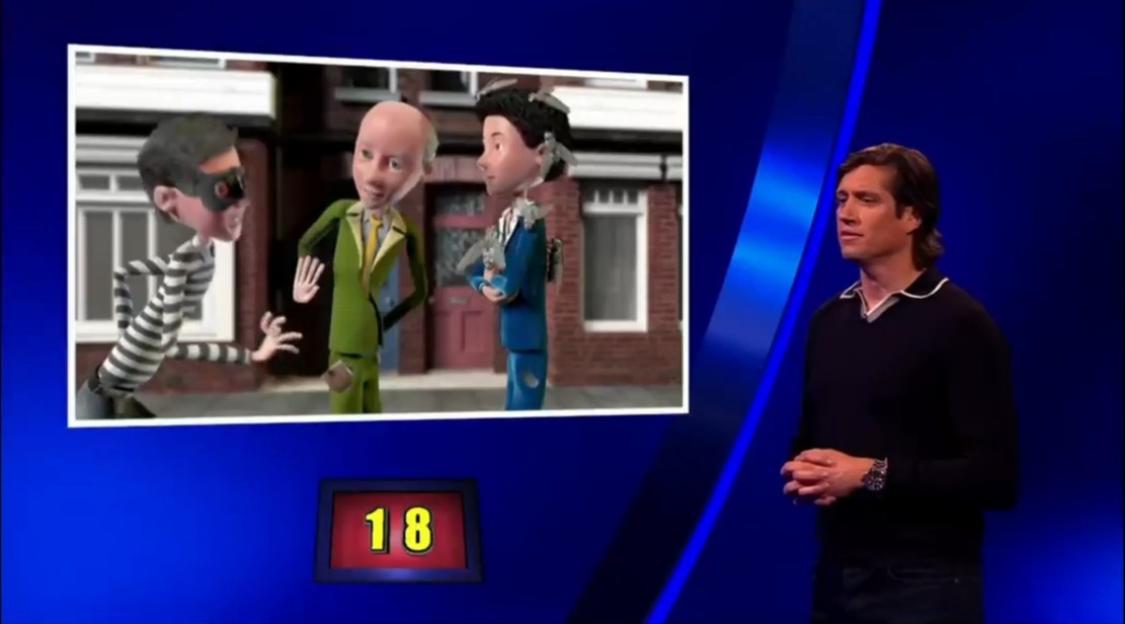 Game show host and animated scene with a thief, a man in a green suit, and a man in a blue suit.