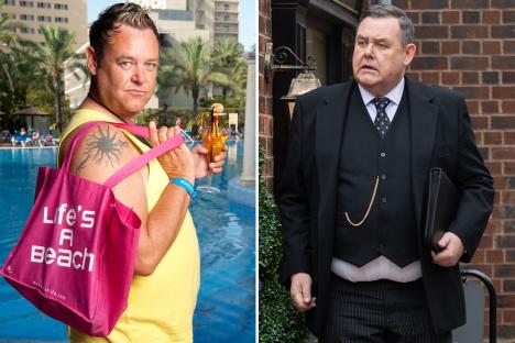 Split image showing a man in casual wear by a pool and the same man in formal wear.