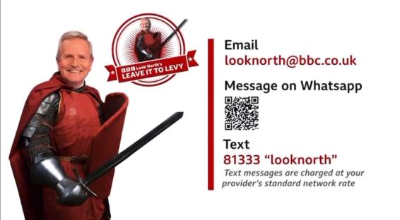 Illustration of a BBC presenter dressed as a knight, contact information, and QR code.