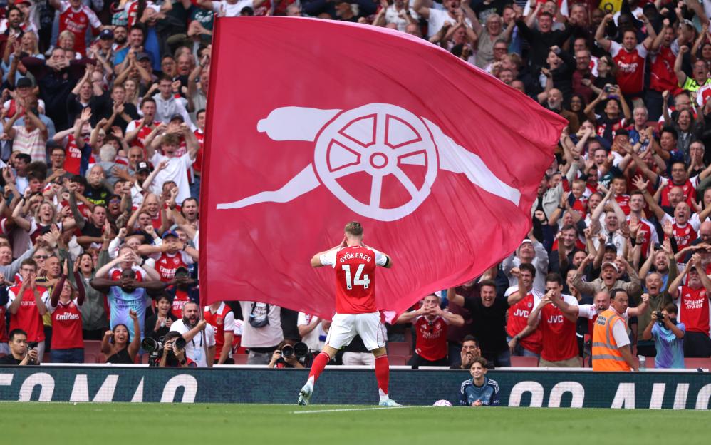 Viktor Gyokeres celebrates scoring a goal for Arsenal.
