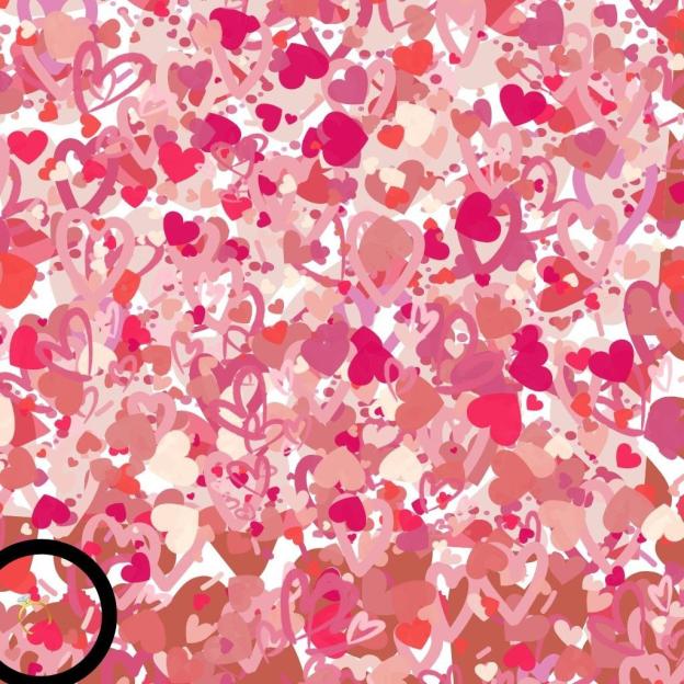 Optical illusion: find the ring hidden among pink hearts.