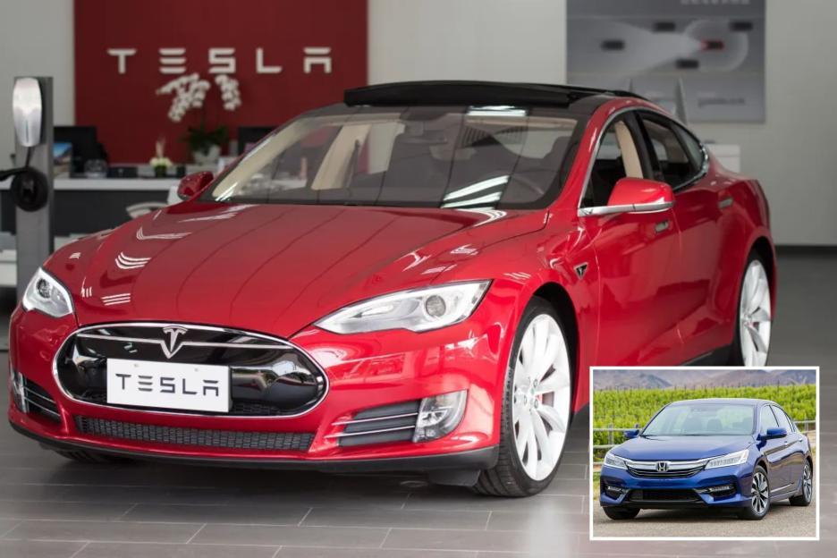 An image collage containing 2 images, Image 1 shows To go with AFP story China-auto-show-environment-Tesla,FOCUS by Bill Savadove This picture taken on March 17, 2015 shows a Tesla Model S car on display at a showroom in Shanghai. Serial entrepreneur Elon Musk has launched spacecraft into orbit, but popularising his Tesla electric cars in China is proving to be tougher than rocket science. AFP PHOTO / JOHANNES EISELE (Photo credit should read JOHANNES EISELE/AFP/Getty Images), Image 2 shows This photo provided by American Honda Motor Co., Inc. shows the 2017 Honda Accord Hybrid. Hondas Accord Hybrid returns for 2017 as a roomy, comfortable, mid-size sedan thats the most fuel-efficient gasoline-electric hybrid four-door car in its class. (American Honda Motor Co., Inc. via AP)