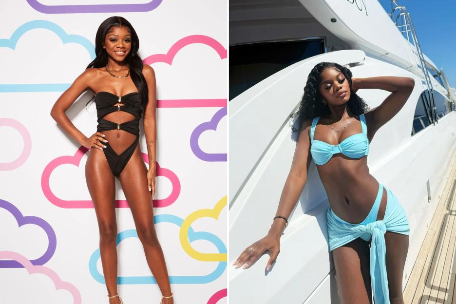 Collage of a woman in a black swimsuit and a woman in a light blue swimsuit on a yacht.