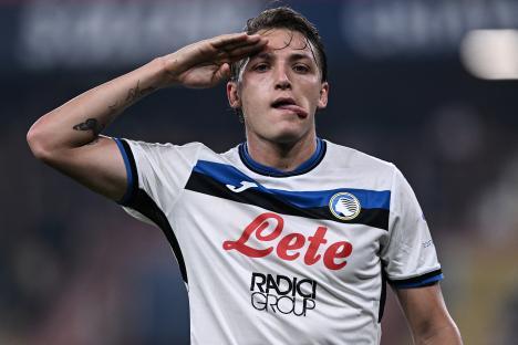 Mateo Retegui of Atalanta BC saluting after scoring a goal.