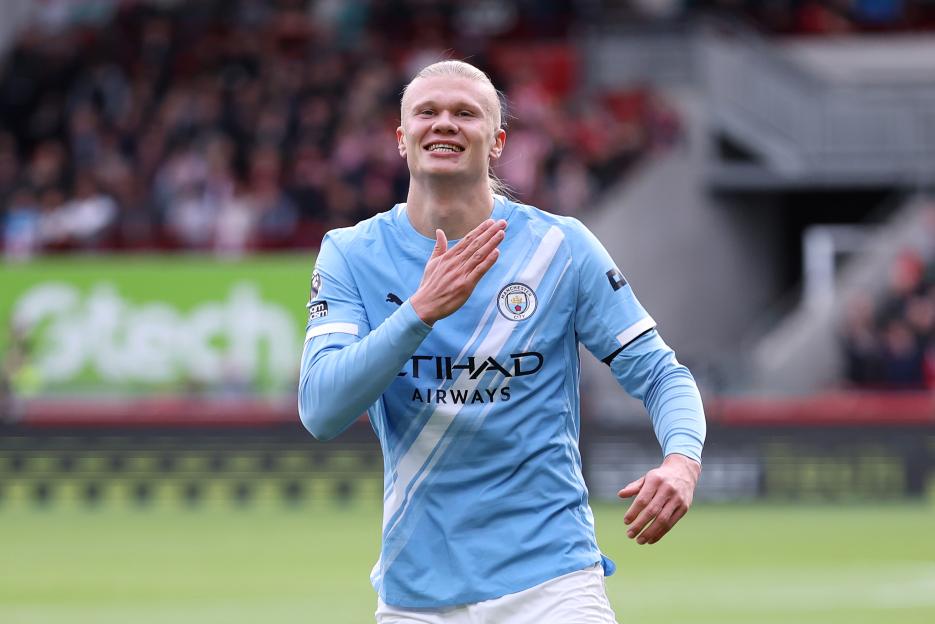 Erling Haaland of Manchester City celebrates scoring his team's first goal.