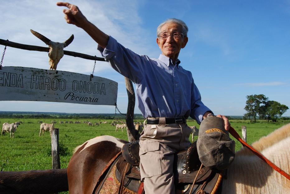 Hiroo Onoda, former Imperial Japanese Army intelligence officer, on horseback at his farm.