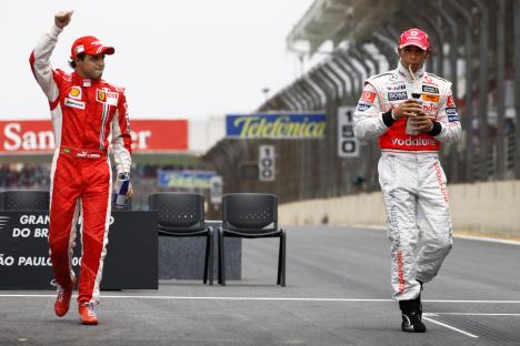 Felipe Massa and Lewis Hamilton at the 2008 Brazilian Grand Prix.