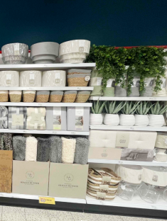 Home goods displayed on shelves.