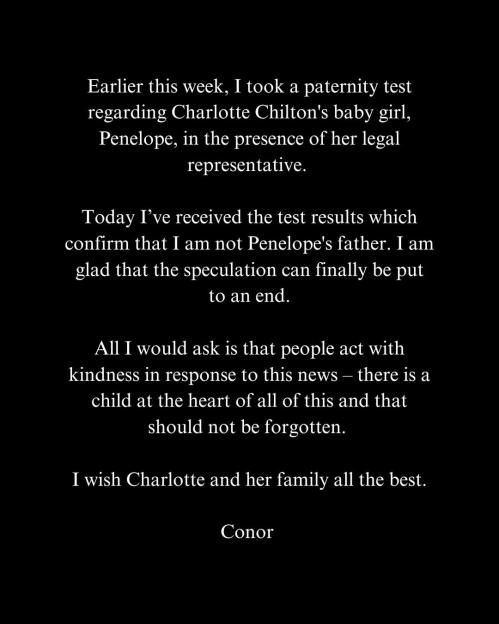 Conor Maynard's statement denying paternity of Charlotte Chilton's child.