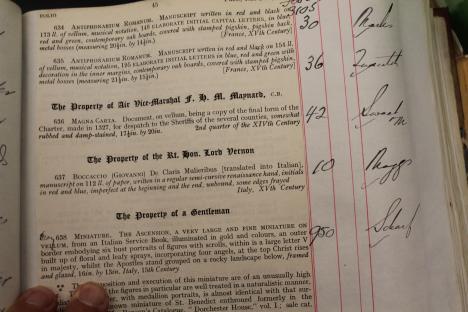 Page of an auction catalogue listing medieval manuscripts and a Magna Carta.
