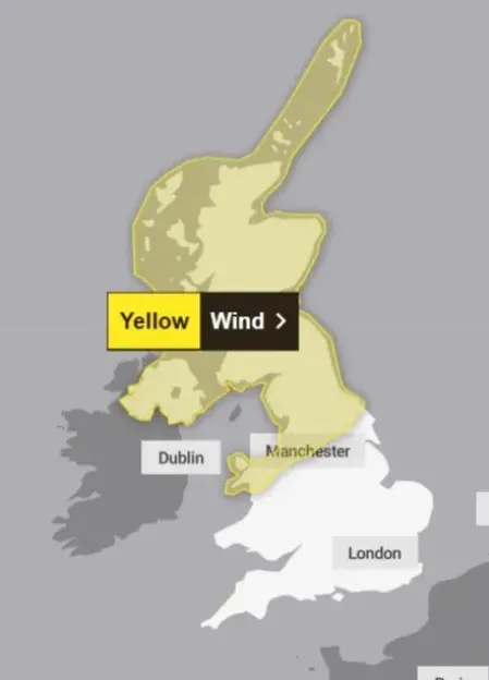 Yellow wind warning map of Great Britain and Ireland.