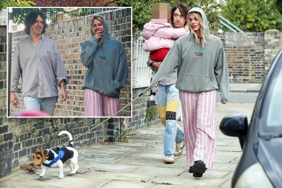 Billie Piper spotted walking dog in London in pyjama bottoms alongside on-off partner Johnny Lloyd