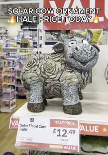 Half-price solar-powered floral cow ornament.