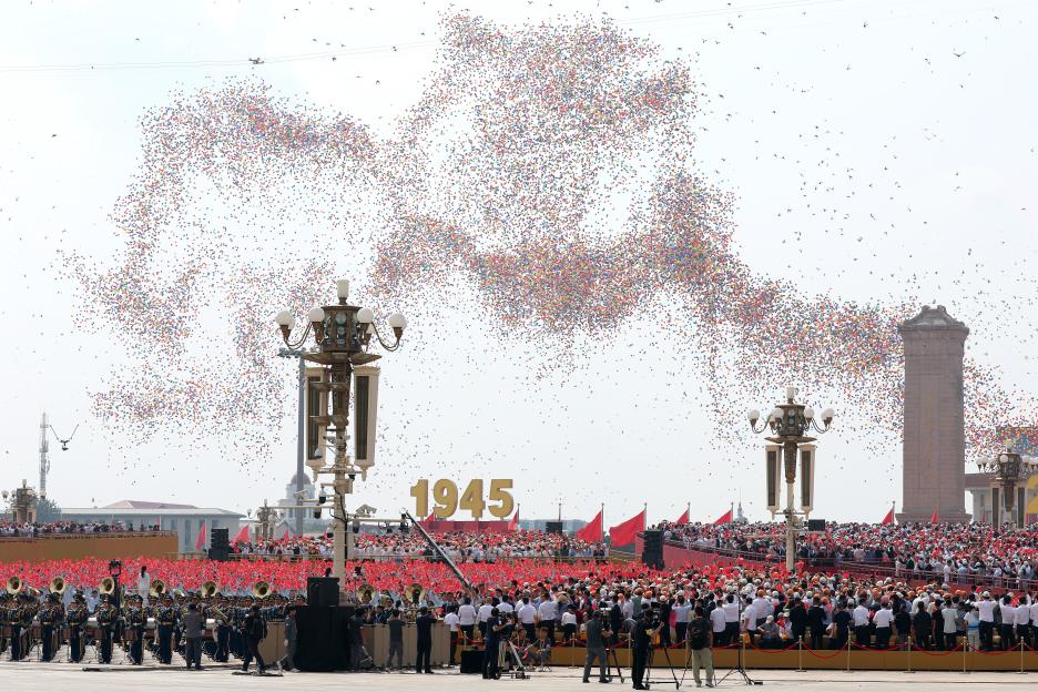 Balloons and doves released during a military parade in Tiananmen Square, marking the 80th anniversary of victory over Japan.