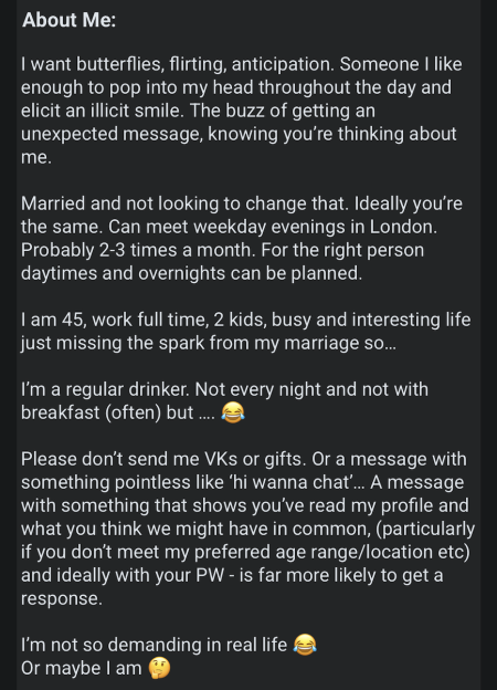 Screenshot of an online dating profile's "About Me" section from someone seeking an affair.