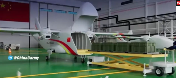 Cargo plane being loaded with crates.