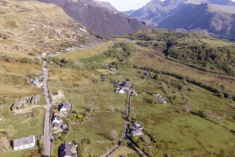 Aerial view of the main road to Dinorwig Quarry in Gwynedd, Wales.