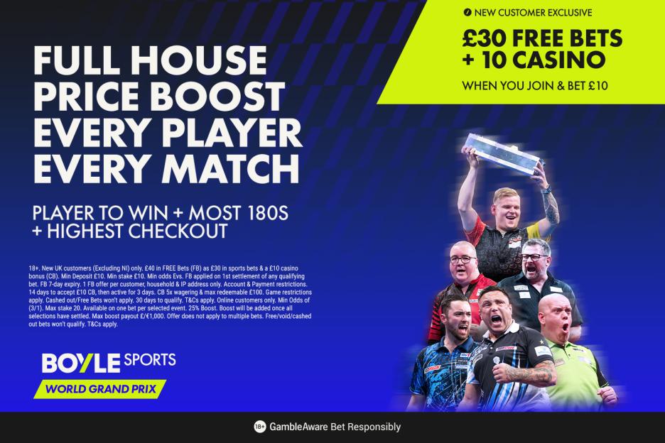 Score £40 in Free Bets with BOYLE Sports at the Darts World Grand Prix – Plus Enjoy Full House Price Boosts on Every Player and Match!