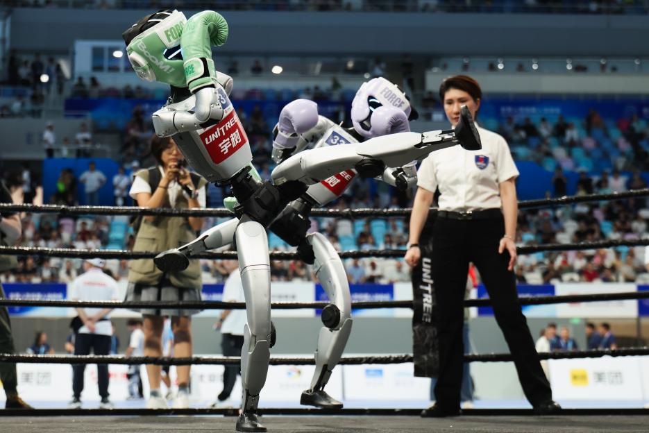 Humanoid robots kickboxing.