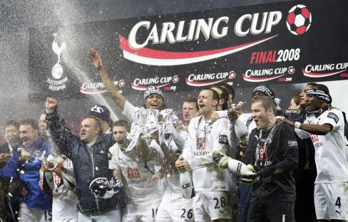 Tottenham Hotspur players celebrating their Carling Cup victory.
