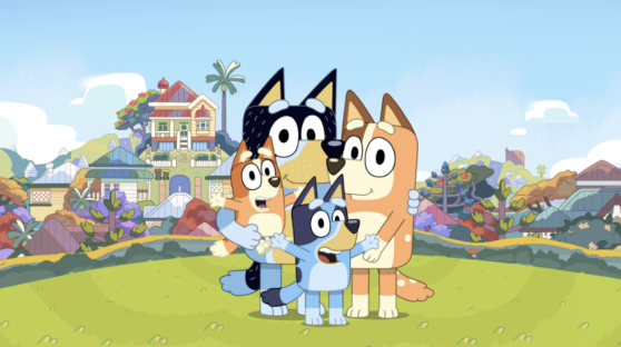 Illustration of the Bluey family of dogs.