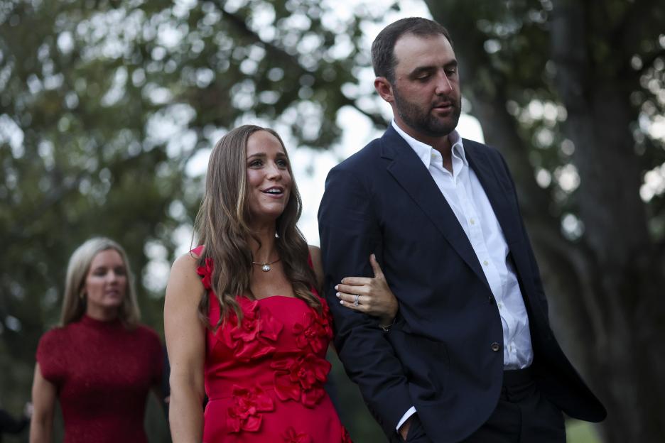 Scottie Scheffler and his wife Meredith Scheffler arriving for the Ryder Cup Teams' Welcome Dinner.