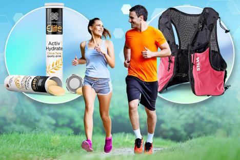 Illustration of a man and woman jogging, with sports drink tablets and a running vest.