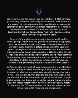 Announcement of the passing of Indianapolis Colts owner and CEO Jim Irsay.