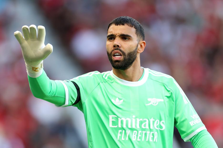 David Raya of Arsenal gesturing during a match.