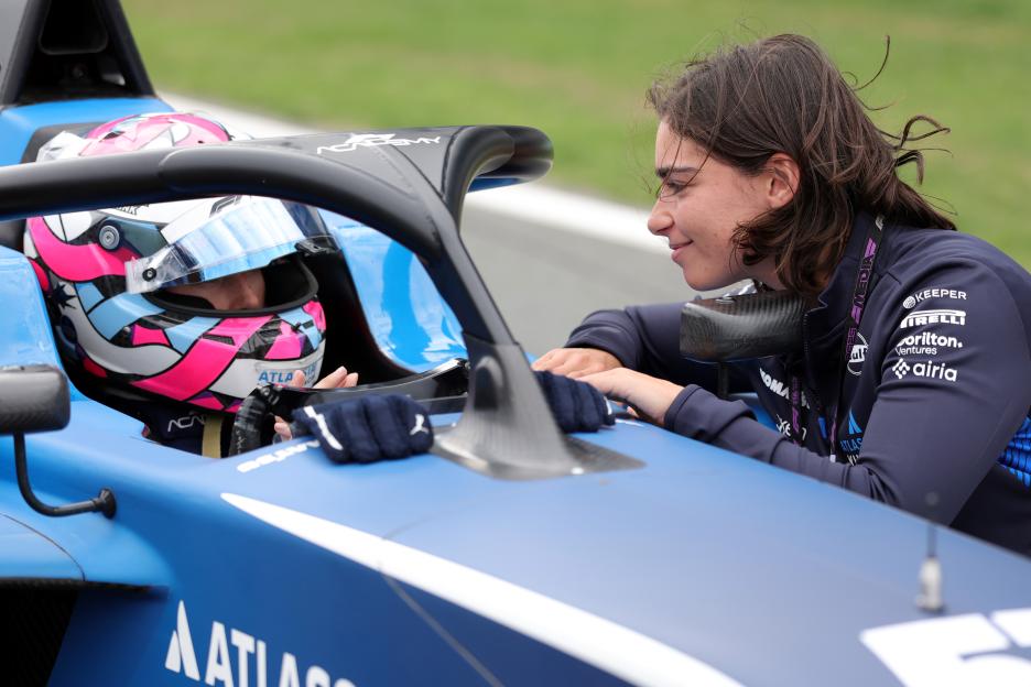 Jamie Chadwick on the grid with Lia Block of United States and ART Grand Prix (57) during F1 Academy Round 5 race 1 at Circuit Zandvoort.