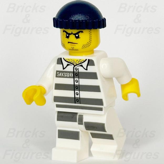 Lego prisoner minifigure displaying an angry expression, wearing a dark blue cap and a white and grey striped uniform with the number 50380 on it.