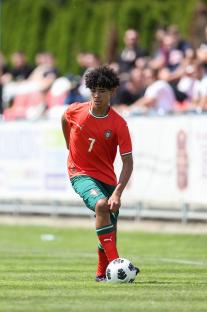 Cristiano Ronaldo Jr. playing soccer for Portugal's U-15 team.