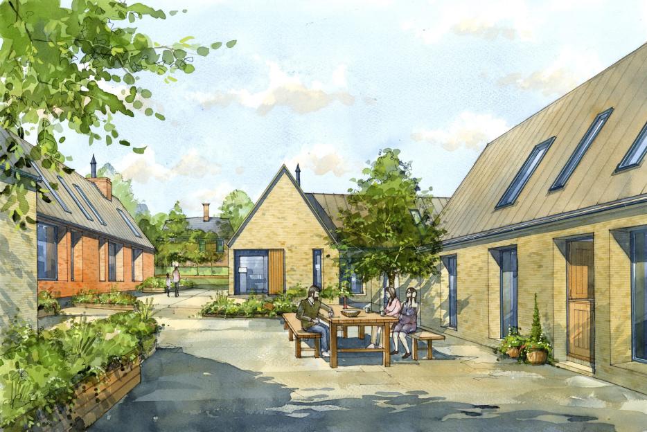 Illustration of a courtyard garden with people sitting at a table.