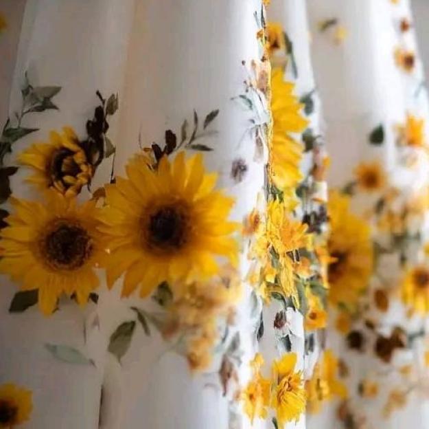 Collage of a white dress adorned with sunflowers.