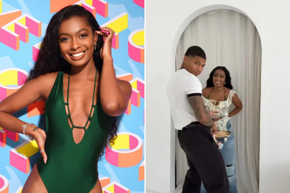 An image collage containing 2 images, Image 1 shows Jourdan Riane in a green swimsuit, Love Island Series 5 promotional photo, Image 2 shows Love Island star with new boyfriend