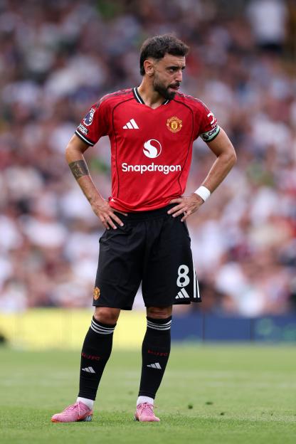 Bruno Fernandes of Manchester United reacting during a game.