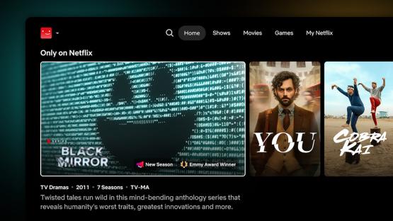 Netflix screenshot showing Black Mirror, You, and Cobra Kai.