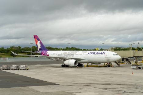 Hawaiian Airlines airplane parked at Honolulu International Airport.