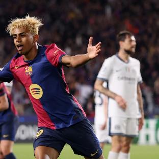 Lamine Yamal of FC Barcelona celebrates scoring a goal.