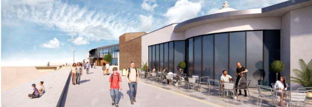 Illustration of a seaside town promenade with new leisure center and town hall.